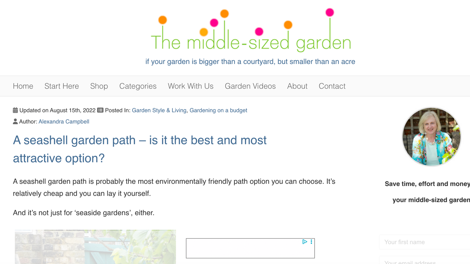 Website page from 'The middle-sized garden' with text about seashell garden paths.