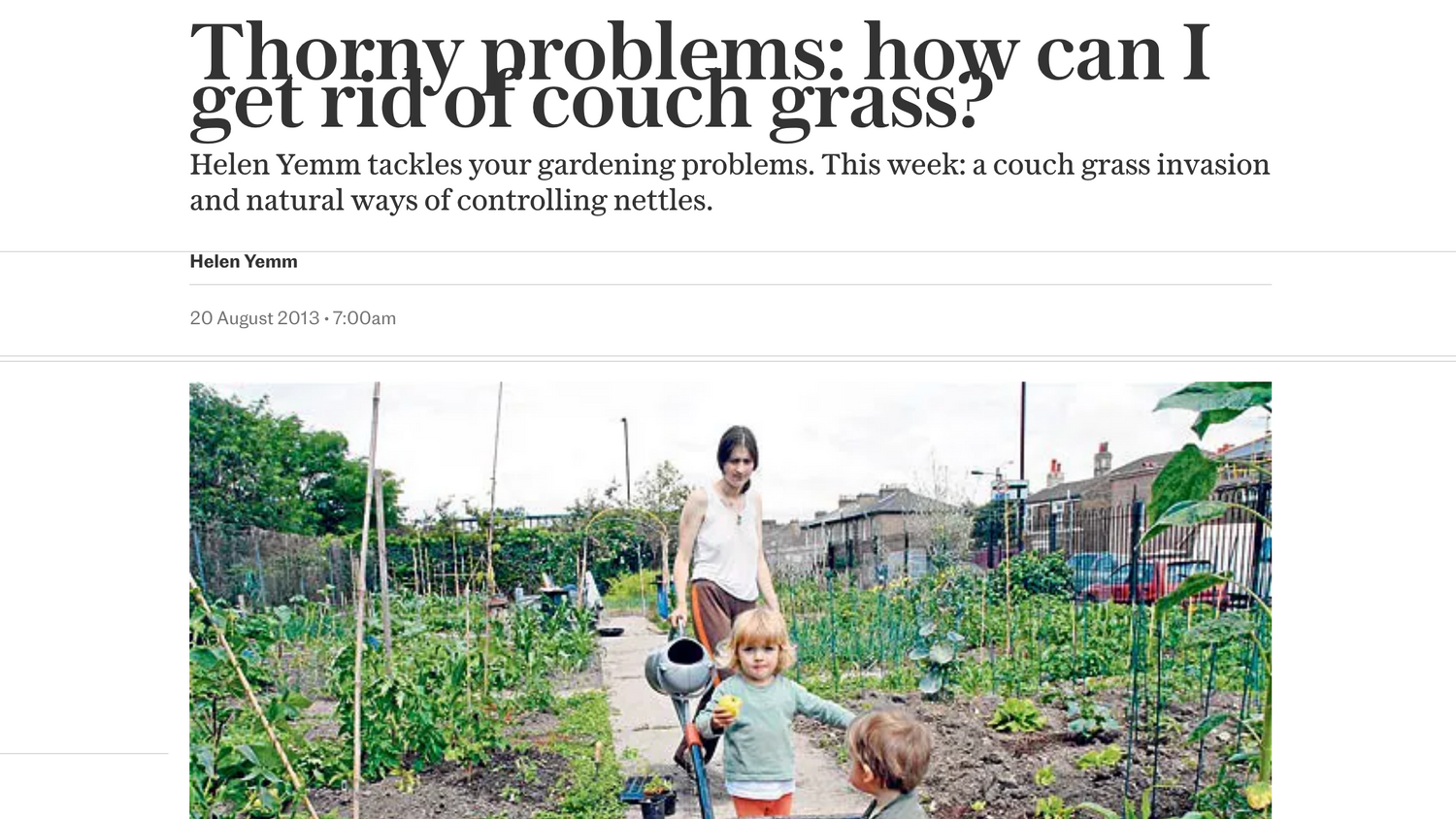 News article about couch grass on The Telegraph website with a photo of children in a garden.
