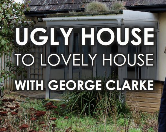 Man standing in front of a house with text overlay about transformation with George Clarke